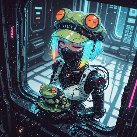 <lora:ck-nc-cyberpunk-IL-000011:0.60>,  masterpiece, best quality, good quality, very aesthetic, absurdres, newest, 8K, depth of field, focused subject, dynamic angle, side view, from above, action shot, wabi sabi android woman, rainbow hair, glowing hair, cute simplistic frog hat that reads "Lilly" on the brim, gazing at the viewer, clean visible face, clean white rectangular ceramic material and mechanical parts, their face mask is open, one eye has mechanical enhancements, servos, wires, exposed circuits, skin, holding giant green lillypad, (futuristic fractal shaped artemis station in background, window view), Sci-fi anime movie (style by George Shaw),shallow depth of field, vignette, (Fujicolor Superia X-TRA 400) , (bioluminecent glow:0.8),
in the style of cknc,
<lora:MoriiMee_Gothic_Niji_Style_Illustrious_r1:0.5>
<lora:ck-neon-retrowave-IL:0.85>
<lora:ck-shadow-circuit-IL:0.35>