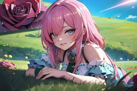 (masterpiece:1.4), 4K8K, (anime style), (high shutterspeed:1.4), (sharp edges), 
SyFyEye1, FanFo, 
1woman  hands togather,  leaning foward, face focus, smile, closed mouth, 
wearing Celtic style dress, (Detailed face, Detailed eyes, Detailed lips), (solo), 
pink hair, any colored roses, Fantastic, grass firld, lakeside,