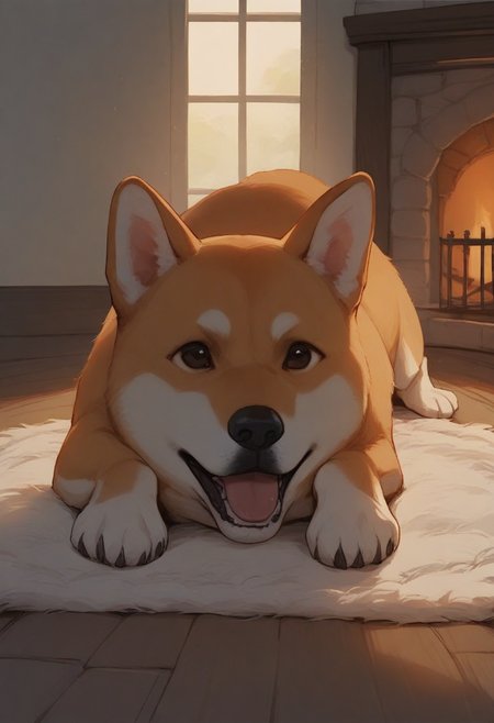 masterpiece, best quality, stylized, no humans, dog, animal focus, shiba inu, on stomach, wooden floor, fireplace, indoors, backlighting