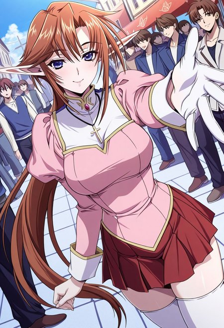masterpiece, best quality, newest, highres, uncensored, 1girl, yokota mamoru style,1girl,
Elendia Veilt ,long hair,Brown Hair,elf,Pointed Ears,Gloves,long legs
skirt, thighhighs, jewelry, necklace, zettai ryouiki, cross, long sleeves, red skirt, pleated skirt, miniskirt, dress, pink dress, cross necklace, street market, vendor, street food, bustling crowd, local flavor, vibrant, smile, looking at viewer, hand reaching out, solo,, cowboy shot, dutch angle