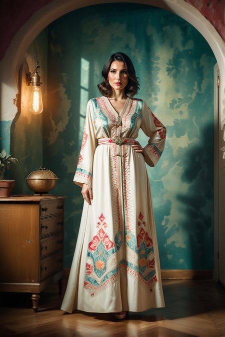 vintage advertisement style Satisfying, Double Exposure, Relieving, arcane, Tinycore, Manic, Kodak Ektar, Symmetrical Sculptural fat Russian Brie Bella, Playing, spotlit, CMYK Colors, vintage, <lora:CaftanXLv1:0.8> qftan, woman, dress . Retro, nostalgic, aged, weathered, classic, old-school, highly detailed