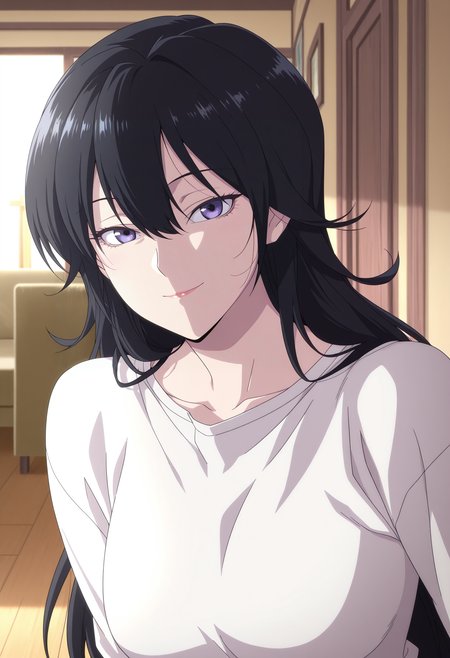 1girl,solo,mm,mature female,black hair,long hair,bangs,hair between eyes,purple eyes,breasts,anime coloring,
white shirt,upper body, looking at viewer, smile,indoors
,masterpiece,best quality,amazing quality,<lora:Duna_Lee-The_Girl_Downstairs:0.8>
