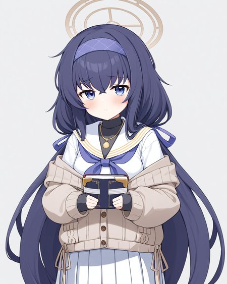 ui \(blue archive\),1girl, solo, halo, book, blue_neckerchief, blush, looking_at_viewer, white_skirt, cardigan, white_serafuku, dated, pleated_skirt, blue_hairband, necklace, white_sailor_collar, seiza, low_twintails, closed_mouth, white_background, long_skirt, simple_background, long_sleeves, purple_hairband
<lora:ui_(blue_archive)_image2537_2023-11-28:1>halo. gorgeous,key visual, vibrant, studio anime,award-winning, professional, highly detailed,high budget, cinemascope