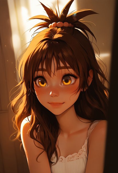 Source_anime, a woman, cute perfect face, (score_9, score_8_up, score_7_up), 1girl, 21 years old, y_mikan,brown hair,long hair,yellow eyes,hair ornament,hair bobbles, small face, cute face, adorable, femine, close up, long slender legs, perfect round butt, narrow waist, gorgeous girl, kawai girl, blush, blush nose, blushing, glitter makeup,  athletic body, long body, collarbone, blush nose, red scrunchie, cute blush, teardrop breasts, blushing, medium breasts, perky breasts, shy, smiling, detailed background, perfect hips, hipbone, cute face, cute girl, (slim fit), candid,  blurry background, light particles, ethereal, rating_explicit, dynamic angle, ncpy13