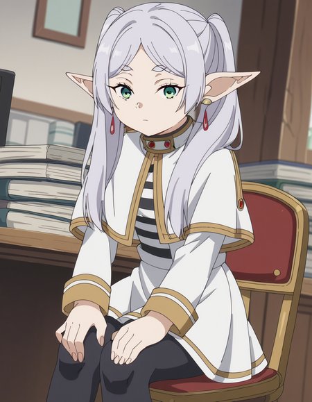 score_9, score_8_up, score_7_up, source_anime, <lora:frieren-s1-ponyxl-lora-nochekaiser:1>, frieren, long hair, twintails, green eyes, grey hair, pointy ears, elf, small breasts, anime screencap, shirt, long sleeves, jewelry, pantyhose, earrings, striped, black pantyhose, capelet, striped shirt, skirt, white skirt,, office, desk, computer, chair, paperwork, , hands on own knees, looking at viewer, solo,, dutch angle, cowboy shot