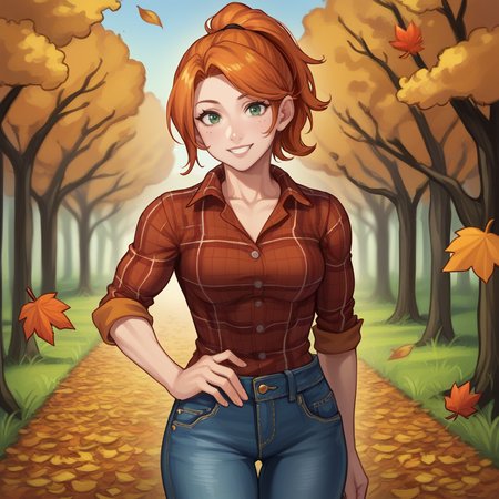 score_9, score_8_up, score_7_up, score_6_up, score_5_up, score_4_up, zPDXL2,source_anime,rating_questionable,  <lora:Robin_SDV_-_V2:0.8> Robin_SDV,1girl, solo, outdoors, green eyes, orange hair, ponytail, looking at viewer, smile, biceps, red plaid shirt, jeans, standing, autumn, orange leaves, woods