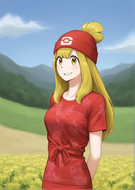 1girl, selene (pokemon), by kodoto, alternate eye color, alternate hair color, alternate hairstyle, arms behind back, beanie, blonde hair, floral print, flower, hat, long hair, red headwear, scenery, shirt, short sleeves, smile, solo, t-shirt, tied shirt, yellow eyes, 
<lora:Yangmal_Jellyìë§ì ¤ë¦¬:1>