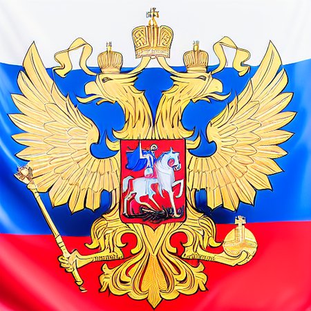 The National Coat of Arms of Russia is covered in gold, on the background of a beautiful flag of Russia.