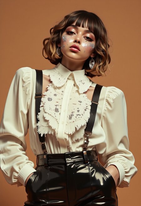 This is a highly stylized, high-resolution photograph featuring a young woman with a distinctive, avant-garde aesthetic. She has a light skin tone and wavy, shoulder-length hair with a mix of dark brown and blonde hues. (Her face is adorned with a lot of metallic, silver face paint that covers her eyes, lips, and chin, giving her a futuristic, otherworldly appearance). She wears a white, long-sleeved blouse with puffed sleeves and a high collar, which is slightly open at the neck. The blouse is embellished with silver sequins and fringe, adding a touch of glamour and texture. Her accessories include black suspenders that drape over her shoulders, adding a retro, yet edgy element to her outfit. She also wears high-waisted, shiny black pants that have a glossy, almost wet look, suggesting a latex or vinyl material. Her hands are elegantly placed, with one in her pocket, giving a sense of casual confidence. The lighting is soft and warm, highlighting the textures and metallic sheen of her outfit and makeup. The overall style is reminiscent of fashion. w3p0rtra1t, MOSH, ff-desolascape