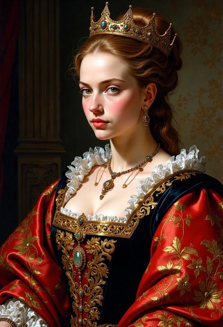 A sumptuously detailed Baroque painting of a regal queen, her opulent gown adorned with intricate embroidery and jewels, her gaze commanding yet tender. The elaborate crown atop her head gleams with gold, reflecting the warm candlelight of the royal court. Delicate brushstrokes capture the richness of her velvet robes and the subtle nuances of her expression, conveying both strength and grace. This exquisite, masterful portrait radiates elegance and sophistication, inviting viewers to bask in the beauty of a bygone era.
