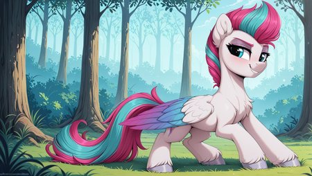 resolution,masterpiece,high resolution,my little pony,friendship is magic resolution,masterpiece,high resolution,solo,wild,pony,woman,  <lora:zipp_storm:1> Zipp Storm pony, pegasus, white body, eyes, silver hooves, long wings with blue and purple feathers, purple mane with pink and turquoise strands combed back covered with gel, Her tail is the same color and medium length, blue eyes, pink eyebrows FOREST, DETAILED BACKGROUND