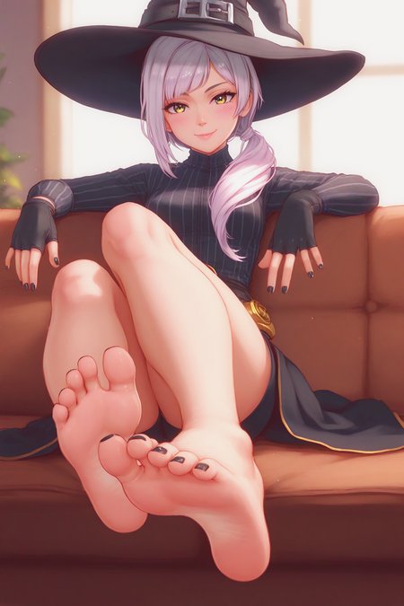 score_9,score_8,score_7_up,realistic,ultra detailed,best illumination,cinematic lighting,hdr, 
elise \(doa\),1girl,solo, sitting on couch,
side ponytail, low ponytail, swept bangs, side bangs, asymmetrical hair, ponytail over shoulder, hair over one eye,
toenail polish,toenails,feet,barefoot,witch hat,foot focus,toes,bangs,hat,gloves,nail polish,blunt bangs,foreshortening,looking at viewer,soles,striped shirt,yellow eyes,long sleeves,vertical-striped shirt,black gloves,smile,legs,black headwear,shirt,blush,bare legs,black nails,short eyebrows,two feet,cinematic film still,
 <lora:doa_elise_pdxl_v10:0.85>