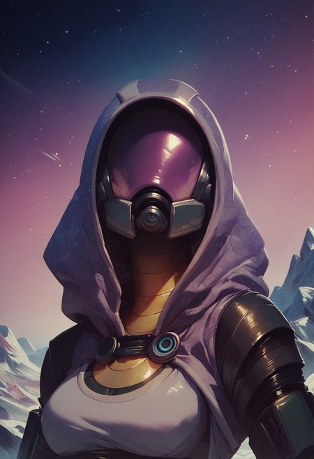 score_9, score_8_up, score_7_up, score_6_up,  
1girl,  HD, solo, tali, (tali'zorah), helmet, no face, 
front view, waist up, salute, 
space background, mountain, stars, aurora