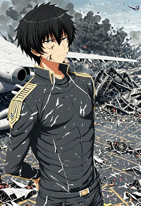 high resolution, solo, best quality, 1Boy, Seiya Kanie, black hair, short hair, dystopia, Plane Crash, OverallDetail