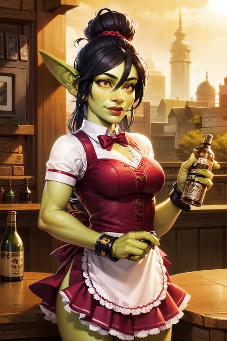 1girl, cowboy shot of shewowgob waitress, green skin, athletic, orange eyes, black hair, tavern indoors, bottles, food, volumetric lighting, best quality, masterpiece, intricate details, realistic  <lora:sxz-goblins-v2:0.8>