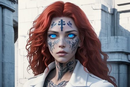 bright red hair, human female, (feminine:1.7), (beautiful face, detailed face:1.6), (beautiful eyes, detailed eyes:1.7), (looking at viewer, eye contact, intense:1.6), (long hair, red hair, curly hair:1.3), , ((masterpiece, best quality, high resolution, realistic, best quality,)), photo realistic, Perfect Face, (detailed face). <lora:GoodHands-vanilla:0.6> <lora:add-detail-xl:0.8>, mage, (Dress White military uniform coat), dagger, rune dagger, glowing runes, , (((glowing magic symbols tattoos, religious tattoos))), ((face tattoos)), glowing tattoos, stone tower in the background