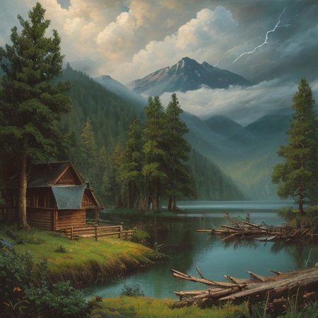 Masterpiece, high-resolution, oil painting, tall mountains, pine forest, log cabin, lake, large thunderstorm clouds in the distance