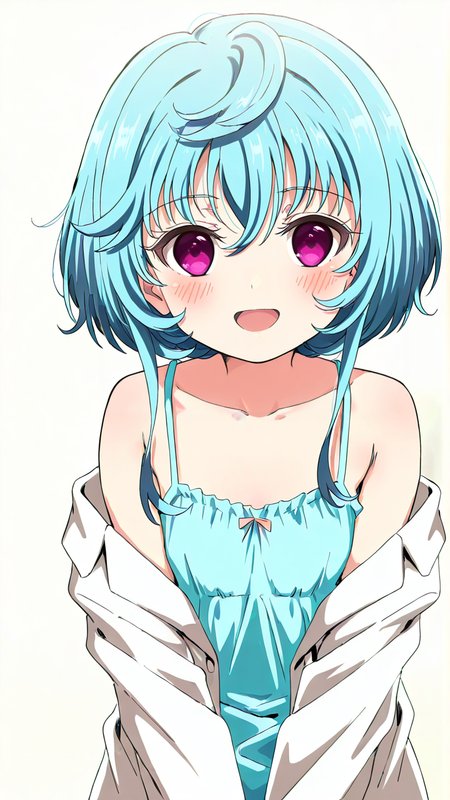 white_background,simple background,1girl,solo,full_shot,looking_at_viewer,<lora:Maryberry_Illustrious_v10:1>,Maryberry,blush,anime screenshot,sincos,looking_up,labcoat,oversized_clothes,:d,camisole,, masterpiece, best quality