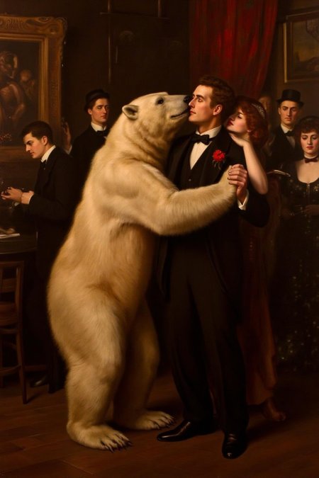 johncollier1 painting.
A man and a woman dancing with a polar bear at a jazz club.  <lora:johncollier1_cap_d8a4e12:1.0><lora:850618483694677772:0>