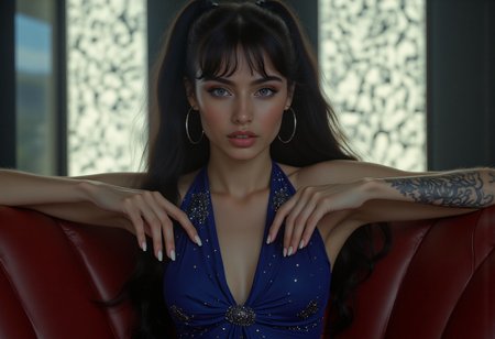 professional photo. cinematic style. masterpiece.
The front view is close, at eye level. This is a shot from a movie with a seductive turkish woman with blue eyes, sitting in an erotic  environment, long black hair with ponytail.  She is wearing a strict sexy blue tight-fitting dress with tiny stones decorations, cleavage and an opened collar to the middle of her thighs. charismatic tatoo on her left arm. Relaxed pose, bare arms, hands resting on the railing of the sofa.  She crossed her legs on the sofa. Feminine figure, wide hips. Perfect hands with white colored nails. She has a confident expression on her face and playful twinkles in her eyes, Looking at us. perfect makeup on her face with mascara and eyeshadow. The sofa she's sitting on is red colored leather. The overall atmosphere of the shot is seductive sophistication and cold passion, minimalism and clean lines. exquisite seduction. The frame of the film is made qualitatively, professionally, with a clear focus. (woman is brightly illuminated by soft artificial light from above). 
The background is made in a minimalist style, with a gradient of dark white tones, far behind in defocus is an illuminated wall of complicated panels, which enhances the airy atmosphere of the scene and the depth of field. The overall composition looks cinematic.  Beautiful bokeh. Hollywood Cinematic Film style.  indirect sexy lights.  light focus on the subject.
(depth of field), aidmamj6.1