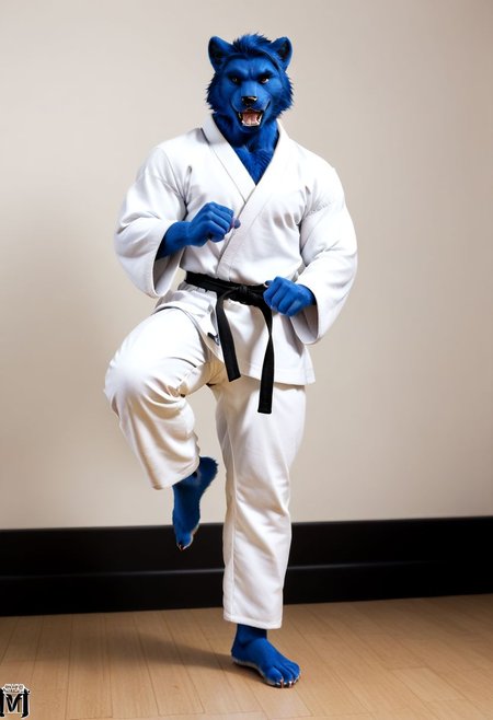 (((Barefoot furry character, full body, cinematic setting, furry male, plantigrade))) 
(((Beast from X-Man))), muscular, beefy, brawny, (((wears white kimono and lonh white pants))), (((performs karate kick))), blue fur on entire body
BREAK, detailed background, 8K, (masterpiece:1.5), intricate details, highly detailed, extreme detail, octane render, fine art, best quality, highres, (detailed face:1.5), ((full_body)), UHD, (((perfect hands))), low light