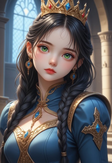 safe_pos, score_9, score_8_up, score_7_up, ((( highly detailed, masterpiece, perfect, detailed, hd)))
,
(( Eleonoramb, jewelry, earrings,  black hair, long hair, braid, green eyes, queen suit, luxury medieval suit))
,
((( 1girl, solo, )))
,
((( Standing, head tilt, posing fir viewer)))
,
((( Indoors, castle ))) 
,
((( Frontal view, 3/4 body view)))
,
((  ))
,
((( )))
,
()