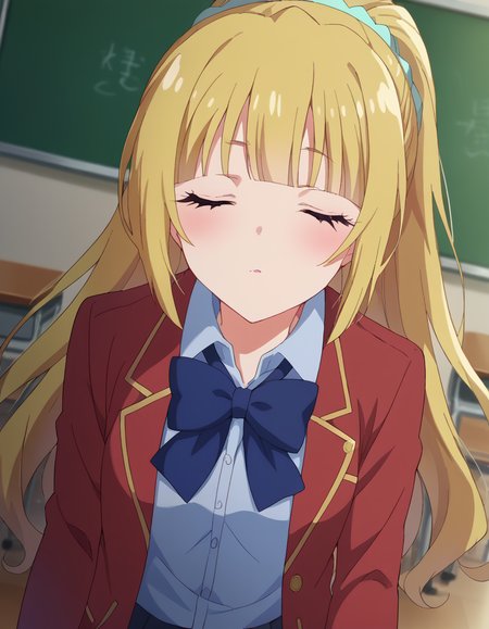 score_9, score_8_up, score_7_up, source_anime, 
keikaruizawa, <lora:kei-karuizawa-anime-s2-ponyxl-lora-nochekaiser:1>, 
kei karuizawa, long hair, bangs, blunt bangs, blonde hair, shirt, hair ornament, ponytail, scrunchie, blue scrunchie,
skirt, shirt, bow, school uniform, jacket, red jacket, pleated skirt, bowtie, sweater, blue bow, blue shirt, 
indoors, classroom, <lora:incoming-kiss-ponyxl-lora-nochekaiser:1>, incoming kiss, blush, closed eyes,
looking at viewer, cowboy shot, dutch angle,