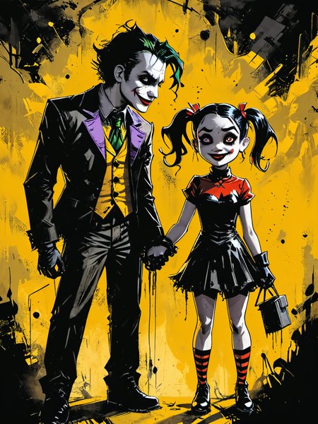 bold artwork,creative use of shadows and textures to create an image using negative space,masterful use of limited colors to create an image of bold contrasts,inventive and whimsical use of camera angles to give new perspective to illustration,"the joker and harley quinn holding hands",1boy,1girl,<lora:Dark_Novel:0.8>,, glow effects, godrays, Hand drawn, render, 8k, octane render, cinema 4d, blender, dark, atmospheric 8k ultra detailed, cinematic, Sharp focus, big depth of field, Masterpiece, 3d octane render, 8k, concept art, trending on artstation, hyperrealistic, extremely detailed CG unity 8k wallpaper, trending on CGSociety, Intricate, High Detail, dramatic