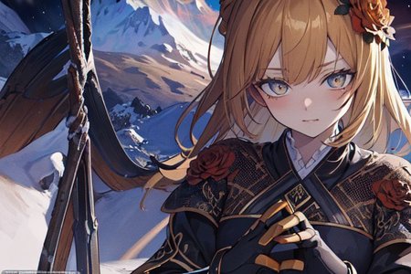 (masterpiece:1.4), 4K8K, (anime style), (high shutterspeed:1.4), (sharp edges), 
plants niji style,
flower rose, 1 woman prey with hands togather, neeling, leaning foward, 
wearing Celtic style dress, (Detailed face, Detailed eyes), 
(amber colored:1.4), in the Alps at night,