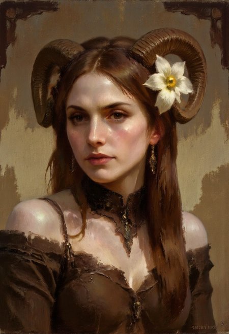 Dark-Fantasy-Cardd-V.2.0 style dark fantasy oil painting a portrait with detailed eyes that features  fair-skinned woman with long straight brown hair adorned with a white flower and ram's horns. She has large expressive brown eyes a small nose and full lips. She wears a brown off-shoulder dress with lace trim and lace choker. upper body from the side