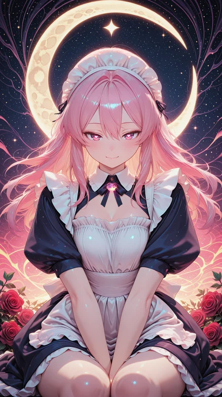 1girl,  sitting on a crescent moon, starry night sky, glowing moonlight, ornate crescent moon, golden vine-like details, red roses, radiant skin, calm and serene expression, melancholic gaze, cosmic background, faint stars, mystical atmosphere, fantasy, dreamlike aesthetic masterpiece, best quality, amazing quality, very aesthetic, absurdres, detailed eyes, newest, <lora:CivChan:1>, CivChan, purple eyes, pink hair, maid outfit, <lora:PinkieNeonAnimeIL:0.5>, neon illustration in the style of pinkneonanime,