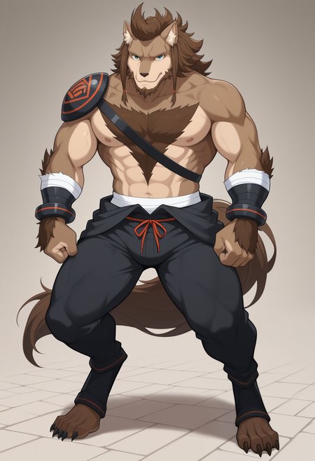 masterpiece,best quality,amazing quality, 1boy, solo, r1c4rd0, wolf boy, blue eyes, brown fur, brown hair, brown beard, brown tail, single pauldron, harness, bandaged arms, bracer, black pants, tied drawstring, sarashi,  full body,