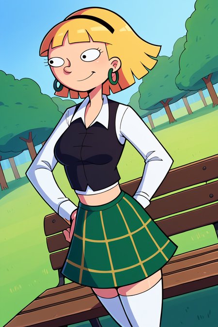 score_9_up,score_8_up,score_7_up,score_6_up,score_5_up,score_4_up BREAK olga pataki,1girl,solo,blonde hair,black eyes,short hair,blunt bangs,hand on own hip, arm behind back, contrapposto,white collared shirt, black vest, green plaid skirt,white thighhighs,black headband,hoop earrings,long sleeves, park,grass,standing, bench,smile,midriff, dutch angle,  <lora:OlgaPony:1>