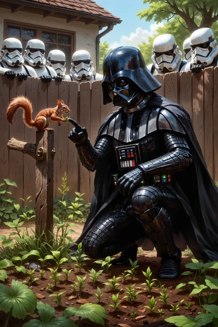 Darth Vader, still in his menacing black armor, crouches beside a row of tiny sprouts in the garden. A mischievous squirrel perches on a fence post, chittering at him while holding one of his freshly planted seeds. Vader points a gloved finger at the squirrel in mock warning, his deep mechanical voice intoning, "I find your lack of respect... disturbing." The squirrel remains unimpressed, prompting Vader to sigh and plant another seed. Above, stormtroopers peek over the fence, trying not to laugh as they watch their terrifying leader play gardener. Fantastic lighting. Detailed shadows.intricate details, vivid colors, hyper-detailed, ultra-sharp,  mtg <lora:MTG_-_FLUX:0.65><lora:FluxDFaeTasticDetails:0.5><lora:detailed_v2_flux_ntc><lora:RetroAnimeFluxV1:0.2><lora:Aura_Flux-000010:0.3><lora:Flux_Fantasy_Portraits:0.5>