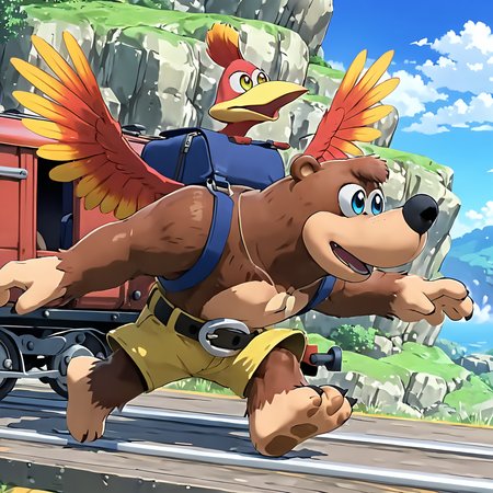 BanjoKazooieXL, bird on bear running, wings, over train <lora:BanjoKazooie_XL-8:.77>, (anime, masterpiece, intricate:1.3), (best quality, hires textures, high detail:1.2), (4k),(incredibly detailed:1.4),UHD, 8K, ultra detailed