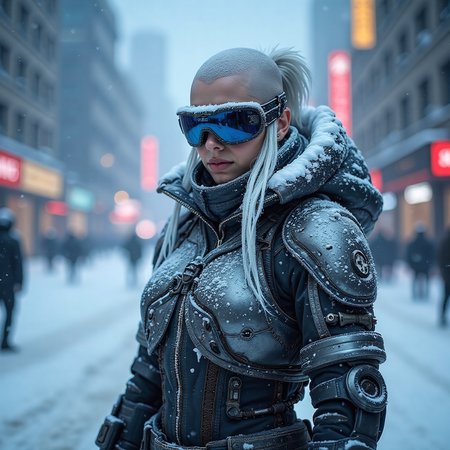 Frostpunk style, frostpunk style cunning female  (covered in snow, frost, and/or icicles), bald, bionic_eyes, wearing a metallic silver thermal combat armor, cryogenic steel-toed boots, thermal goggles, set in  a Frostpunk metropolis under a sky filled with smoke and ash, a testament to the constant struggle for survival. ,,  <lora:flux_trainer/frostPunk_v1.1.safetensors:1.0>,  <lora:scifi/moxiePunk_v3D.safetensors:1.0>, .  Icy, futuristic aesthetic incorporating frozen elements, augmented mechanical technology, neon-lit snow-covered cityscapes.