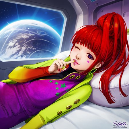 best quality, masterpiece, official artwork, (realistic:0.3), 1girl, solo, sq,  red hair, jewelry, earrings, purple eyes, lips, nail polish, makeup, long hair, ponytail, jacket, dress, spaceship room background, one finger point on face, flirty face, lying and sleeping on bed