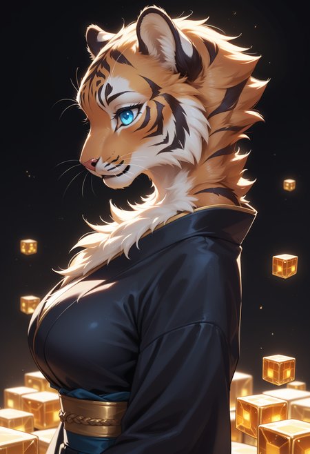 score_9, score_8_up, score_7_up,
source_furry, high quality, perfection, detailed, aesthetic, well-lighted,
1girl, solo, side view, upper body, face focus,
black background, cubes background, underlighting, 
furry female, anthro, furred body, fluffy fur, beautiful girl, cute girl, adult, youthful, beautiful face, detailed face, perfect eyes, detailed eyes,
(tiger girl), large breasts, (no hair, hairless, bald), blue eyes,
black kimono, (gold accents:1.2),
(glowing glass cubes:1.2), flying cubes, (too many cubes:1.2),