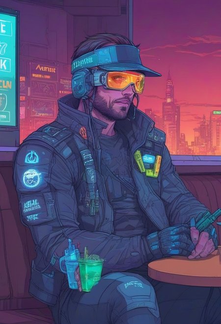 illustration, drawing,  an hacker, pixecut, handsome, carrying a pistol, wearing a visor, sitting in a cafe, cyberpunk, neotokyo, neon lights
