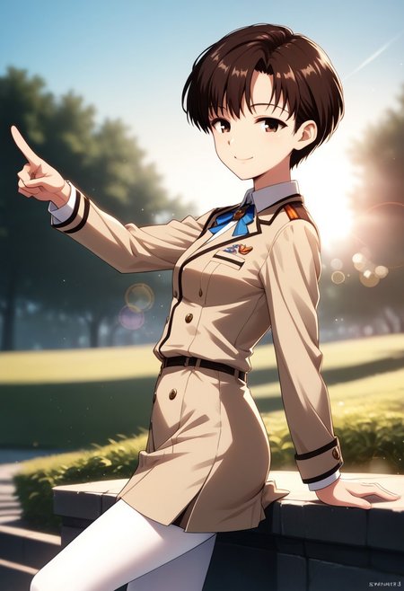 (solo:1.0) score_9,score_8_up, newest,beautiful eyes, beautiful hair, beautiful skin, cinematic lighting, aesthetic, rating, sensitive, side view,   , 
,Maya Ibuki, , brown eyes, dark-brown hair, asymmetrical bangs, short hair, undercut hair, skinny, 
beige uniform, white tights,  mini skirt, lens flare, bokeh, half-closed eyes, smile, pointing own lips, closed mouth,