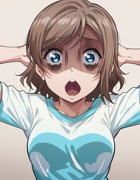 score_9, score_8_up, score_7_up, source_anime, <lora:you-watanabe-s2-ponyxl-lora-nochekaiser:1>, you watanabe, blue eyes, brown hair, short hair, swept bangs, medium breasts, <lora:shocked-black-guy-ponyxl-lora-nochekaiser:1> shocked black guy, open mouth, looking at viewer, hands behind head, shaded face,, , ,