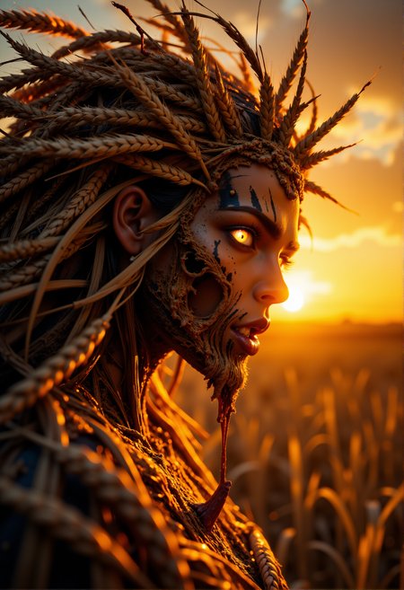 Horror-themed, Close-up. A field of wheat. The sun in the horizon. Texture of a face made of wheat. Lips of wheat. Wreath of wheat. Terrible face, terrible open mouth. A pagan god. Black eyes, tired eyes, red whites of eyes. Cheeks and body in blood. Fear, terror, anger. Glints of dust in the slate's rays. Bokeh effects. Spikes of wheat on fire.
<lora:FluxMythP0rtr4itStyle:1> mythp0rt
<lora:DarksunRiddV4:1>
<lora:FL-bailing-24-0906Fire Spirit:0.8> fire