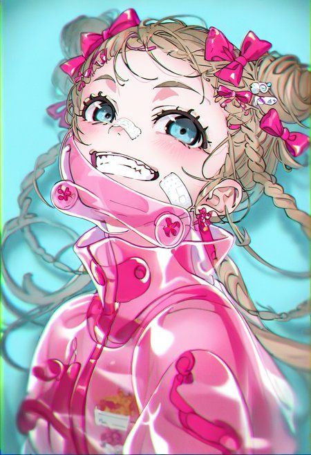 1girl, solo, bandaid, bandaid on face, double bun, looking at viewer, blue eyes, chromatic aberration, smile, hair ornament, teeth, braid, hair bun, grin, long hair, bow, upper body, bandaid on nose, hair bow, blurry, earrings, blush <lora:yoneyamaiXL_NBVP1_lokr_V6311PZ:0.95>