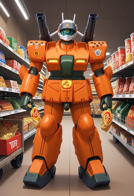 score_9, score_8_up, score_7_up, source_anime, front view, BREAK,  ( guncannon_mass_production_type, behind sopping cart, looking at viewer,) 1mech, copper mech, copper armor, metallic armor, supermarket, shoulder cannons stowed, mech focus, solo, BREAK, two arms, in grocery store, grabbing bag of chips, pushing shopping cart, checkout isle, holding chips,