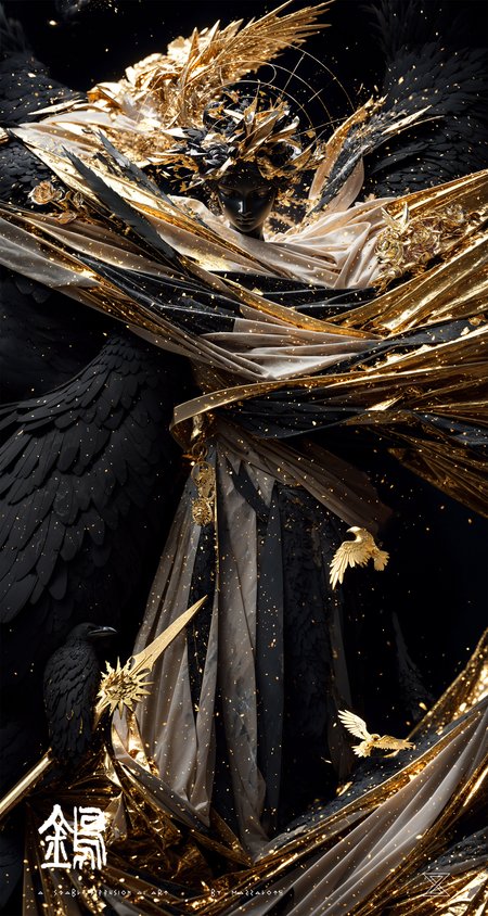 masterpiece, best quality, epic realistic, (black_marble) (goddess_statue), plate on head, (black wing:1.3), intricate detail, intricate pattern, golden dust, floating (golden cloth), detailed texture, broken glass, god light, ((crow)), ((golden birds fly)), golden rose, golden leaf, motion blur, depth of field,  holographic