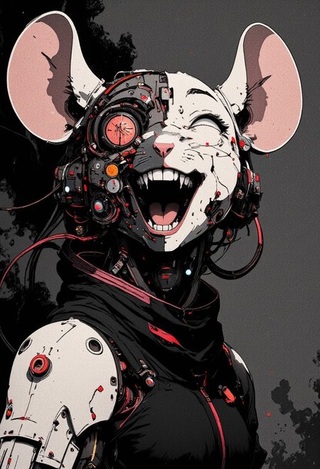 monochrome A hyper-detailed nistyle manga sketch of a laughing anthropomorphic Mouse cyborg in the style of ck-ncr, blending intricate cyberpunk robotics with vibrant, human joy. Her radiant smile highlights the duality of her being: half of her face is organic, glowing with fiery freckles and warm, soft skin, while the other half reveals an intricate network of exposed wiring, microprocessors, and metallic plating. These robotic elements glisten with delicate servos and fluidly moving panels, emphasizing her futuristic elegance. Her mechanical eye softly glows, alive with laughter, reflecting her joy and seamlessly integrating the interplay of metal and flesh. She wears a bold, sleeveless cyberpunk jacket adorned with faded red highlights on its holographic patches and glowing lines, contrasting with her high-tech enhancements and emphasizing her dynamic personality. The scene is rendered in a striking monochrome palette, where shades of black, white, and gray dominate, with subtle, desaturated red highlights providing an eerie vibrance. The atmospheric lighting creates a stunning cinematic effect: rippling shadows and beams of soft light interact with her metallic and organic features, blending harmoniously with the smoky, hyperpunk-inspired backdrop of stark contrasts and minimalist, futuristic elegance.