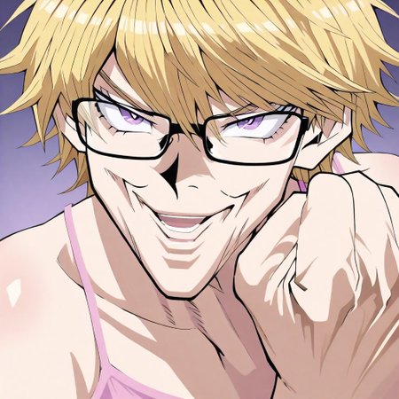 Joey_Chin_A, Hand up, LOOKING AT VIEWER, CLENCHED HAND, PORTRAIT, smile, open mouth, sustaco, black glasses, short hair, blonde hair very messy hair, purple eyes, black glasses, solo, pink camisole, femboy,
