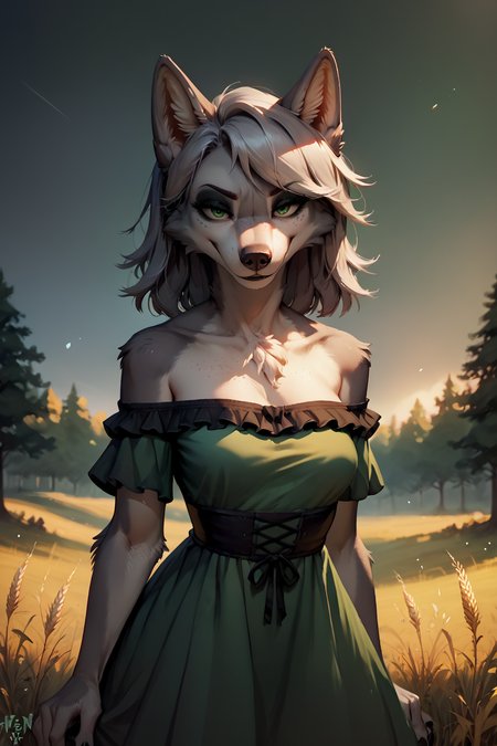 score_9, score_8_up, score_7_up, female, furry, solo, wolf, grey fur, freckles, short silver hair, swept bangs, breasts, green eyes, frilled green dress, off shoulder, looking at viewer, smug face, eyeshadow, goth, backlighting wheat field, sky, forest, <lora:by_gren_art-v3s512:1>