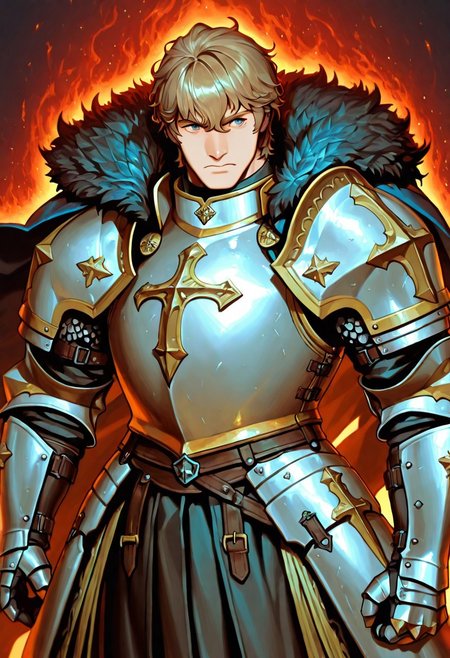 1boy, gawain_fgo,  best eyes, cuirass, pauldrons, gauntlets, faulds, cardigan, gauntlets, faulds, fur-trimmed cape, paladin, holy aura, male focus, solo