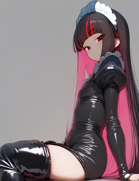 score_9, score_8_up. score_7_up, <lora:katait-step00001500:1> katait,
1girl, solo, red eyes, multicolored hair, black hair, thighhighs, long hair, maid headdress, sitting, dress, white background, looking at viewer, juliet sleeves, black dress, black thighhighs, breasts, red hair, puffy sleeves, long sleeves, simple background, two-tone hair, small breasts, skindentation, closed mouth, colored inner hair, blunt bangs, thigh boots, black footwear, latex, from side, thighs, pink hair, shiny clothes, very long hair, boots, zettai ryouiki, maid